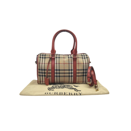 Burberry Alchester Medium Horseferry Check Canvas Boston Bag Ghw (Red)