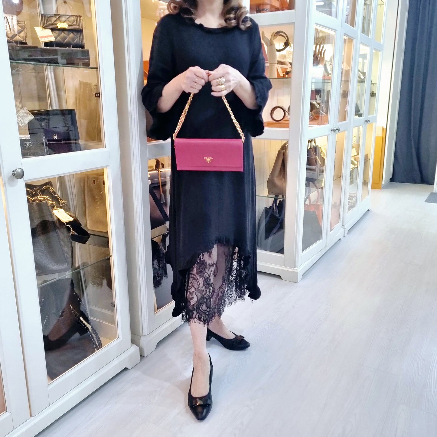 Prada 1M1290 Wallet On Chain Saffiano Leather Ghw (Pink)