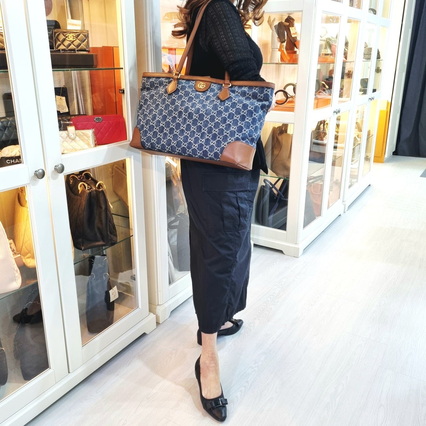 Gucci GG Ophidia Medium Jacquard Denim & Leather Shoulder Bag Ghw (Blue/Brown)