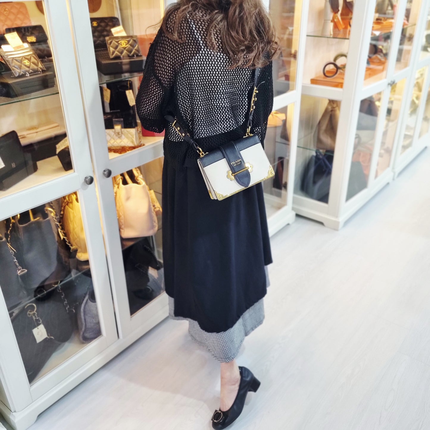 Prada 1BD045 City Calf Saffiano Cahier Crossbody Ghw (White/Black)