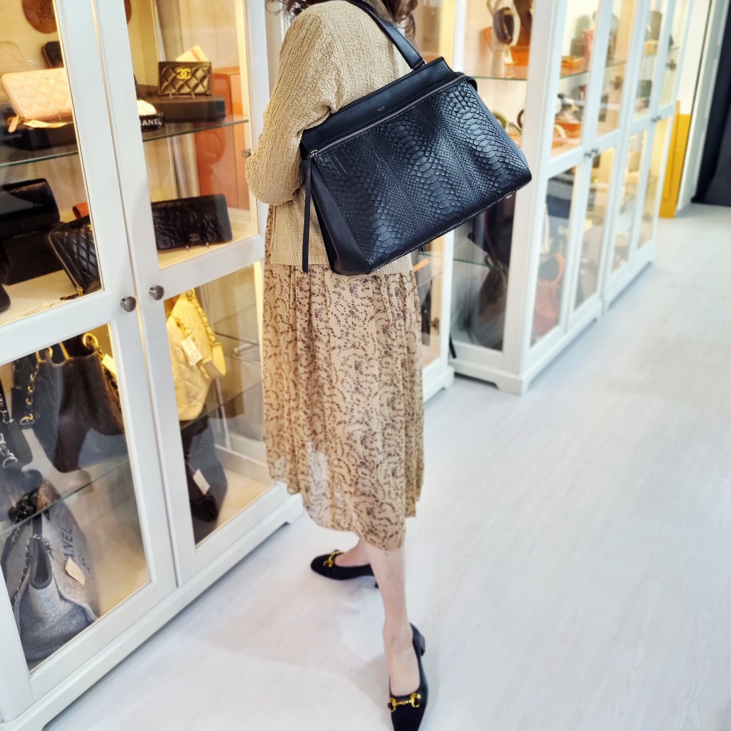 Celine Python Leather Edge Large Shoulder Bag Shw (Black)