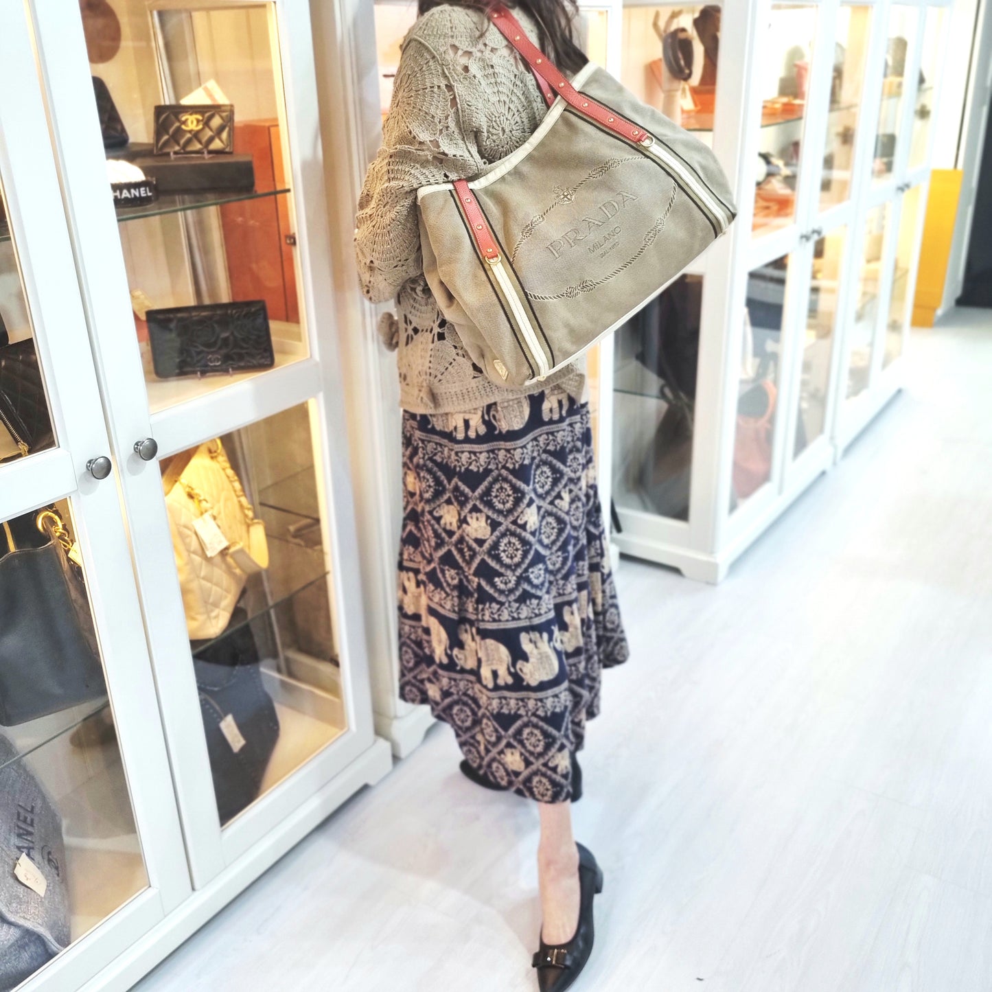 Prada Logo Jacquard Stud Shoulder Bag Ghw (Beige/Red)