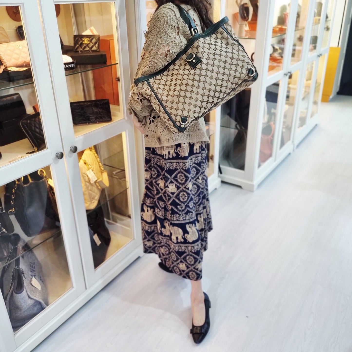 Gucci GG Abbey D-Ring Canvas Shoulder Bag Ghw (Beige/Dark Green)