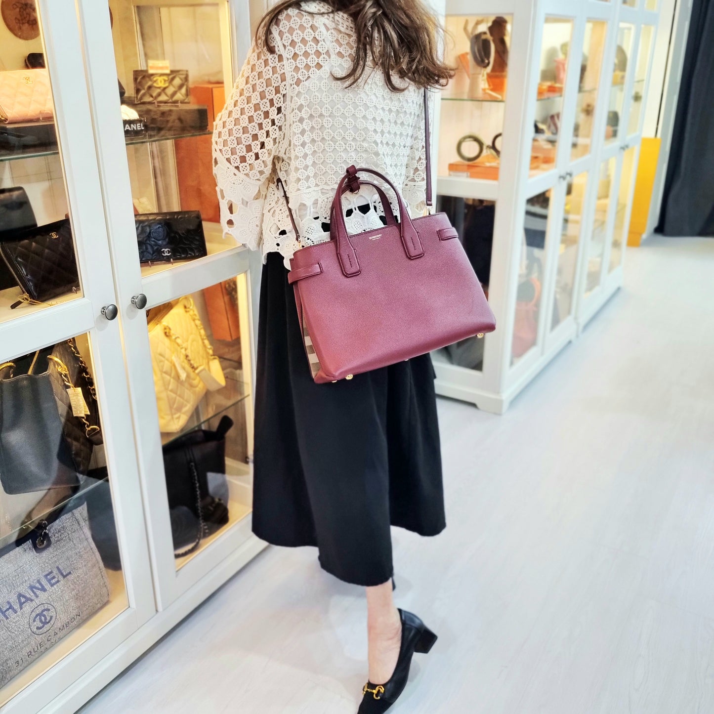 Burberry Banner House Check Leather Tote Bag Ghw (Burgundy)