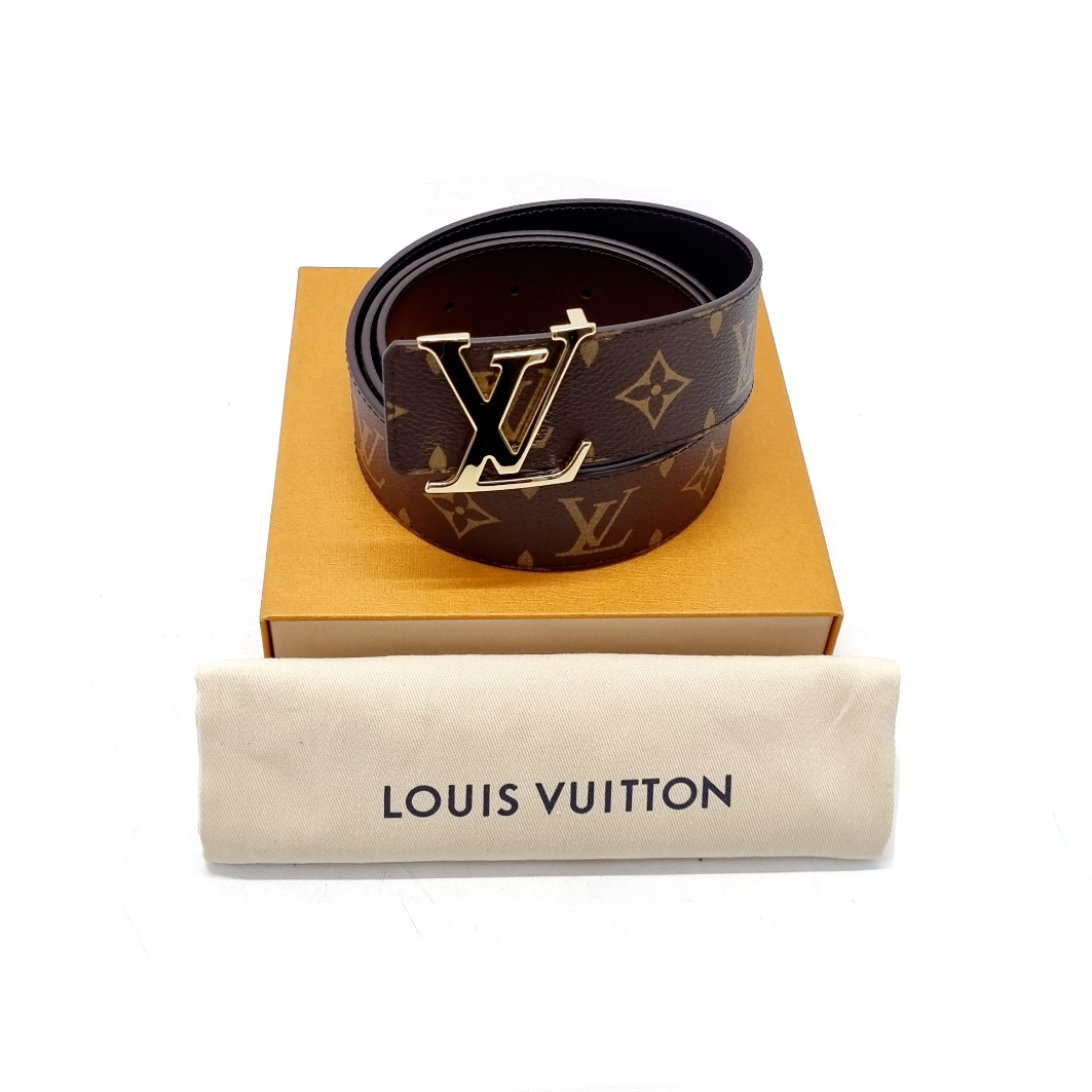 Lot - Louis Vuitton Black/Brown Belt LV Gold Buckle 34