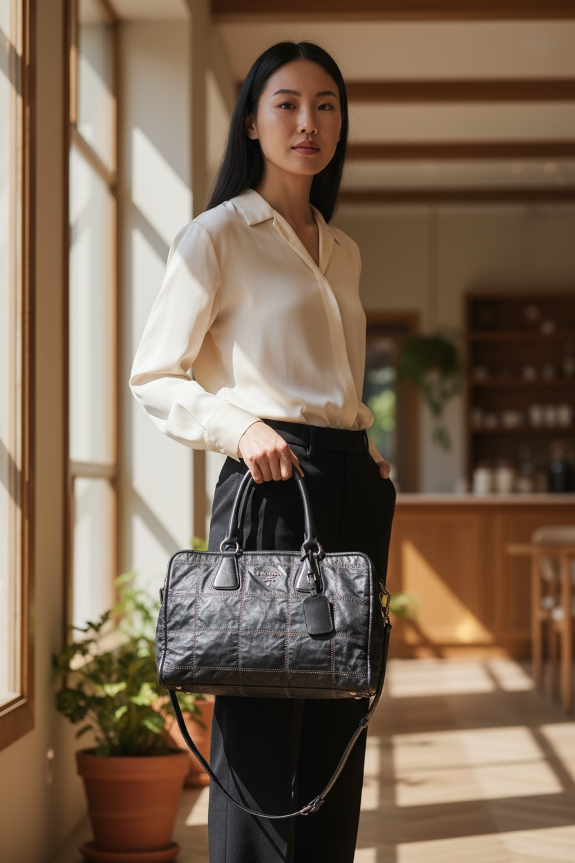 Prada BR3107 Vintage Bauletto Double Stitch Leather Tote Bag Shw (Black)