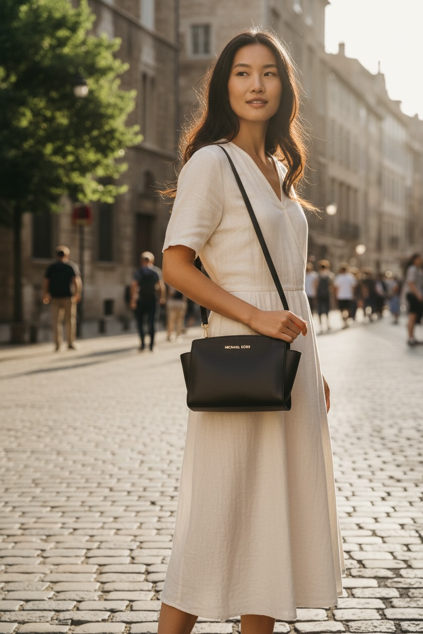 Michael Kors Selma Medium Saffiano Leather Crossbody Ghw (Black)