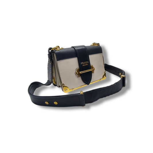 Prada 1BD045 City Calf Saffiano Cahier Crossbody Ghw (White/Black)