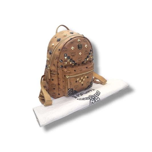 MCM Backpack Stack Studs Visetos Coated Canvas Leather Medium Ghw ( Brown)