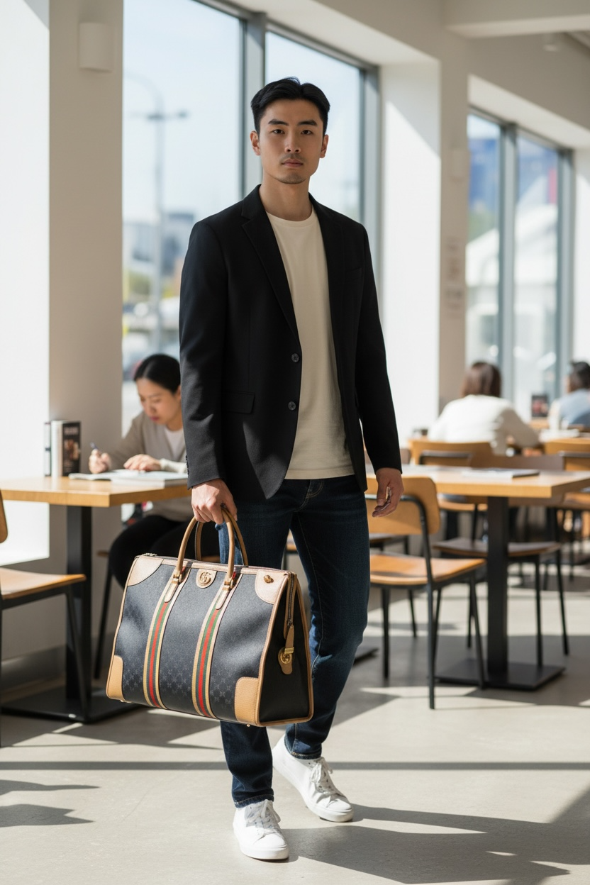 Gucci GG Bauletto Duffle Extra Large Canvas Bag Ghw (Black/Brown)