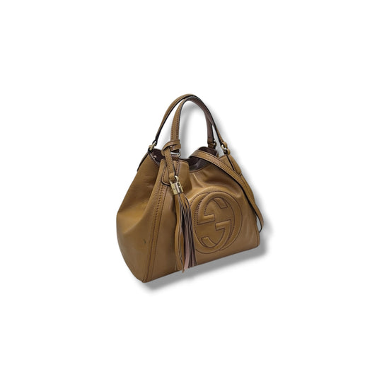 Gucci Soho GG Interlocking Small Leather Tote Ghw (Light Brown)