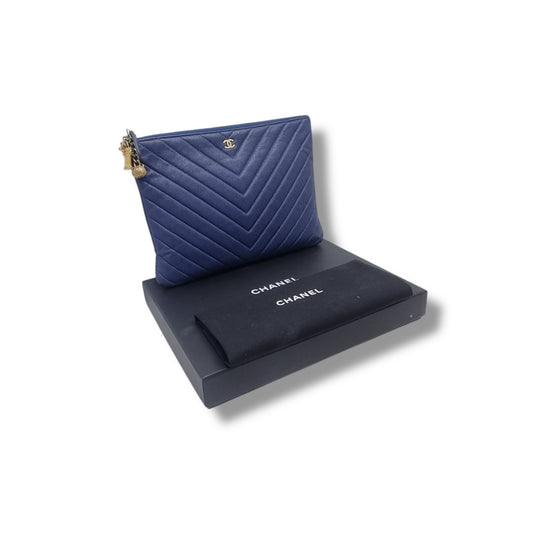 Chanel O Case With Ancient Greek Charm Chevron Quilted Caviar Ghw (Blue)