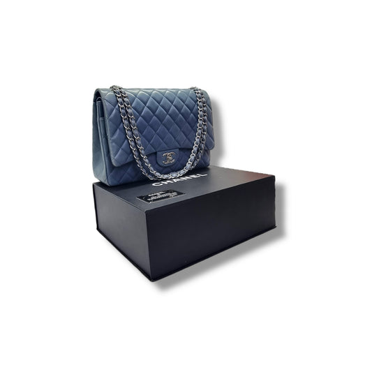 Chanel Maxi Double Flap Lambskin Shw (Light Blue)
