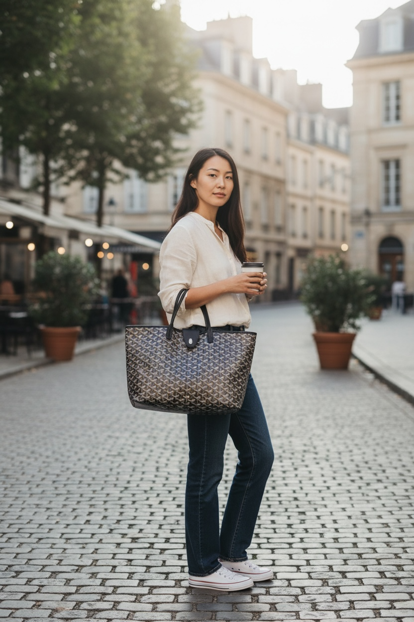 Goyard Saint Louis PM Goyardine Canvas Chevroches Calfskin (Black/Tan)