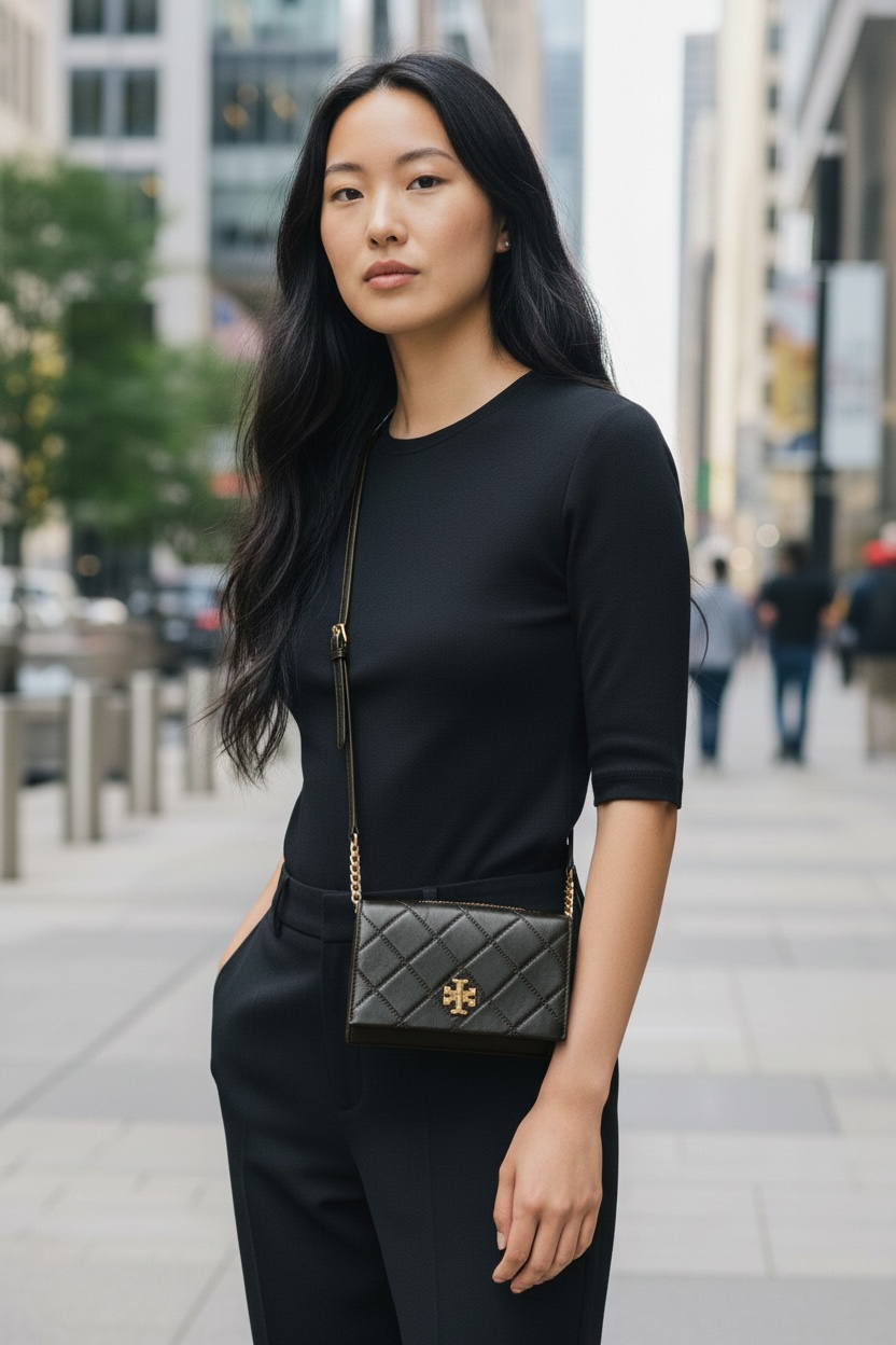 Tory Burch Georgia Leather Clutch With Strap Ghw (Black)