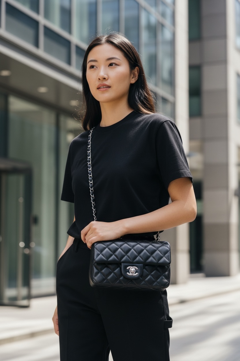Chanel Mini Rectangular Flap Lambskin Shw (Black)