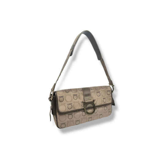 Salvatore Ferragamo Gancini Canvas Shoulder Bag Ghw (Brown)