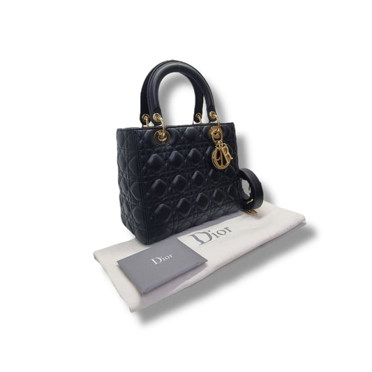 Christian Dior Lady Dior Medium Cannage Lambskin Ghw (Black)