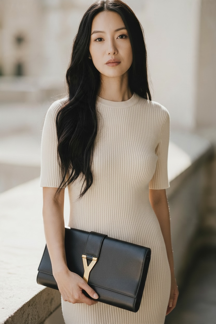 YSL Ligne Y Clutch Calfskin Leather Ghw (Black)