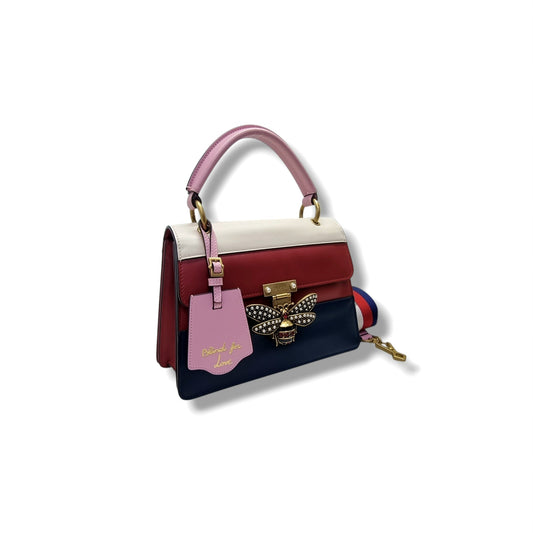 Gucci Queen Margaret Top Handle Leather Tote Antique Gold Hw (White/Red/Navy Blue)