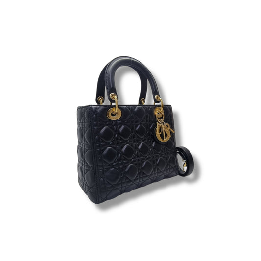 Christian Dior Lady Dior Medium Cannage Lambskin Ghw (Black)