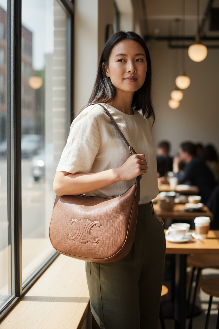 Celine Triomphe Heloise Leather Hobo Bag Ghw (Brown)