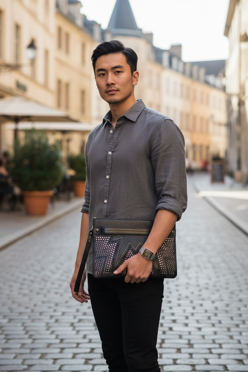 MCM Cyber Studded Leather Clutch Shw (Black/Blue)