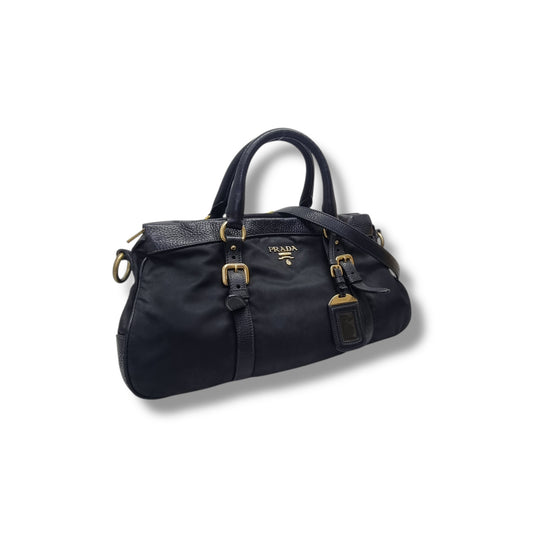 Prada BN2032 Nylon Leather Trim Tote Bag Ghw (Black)