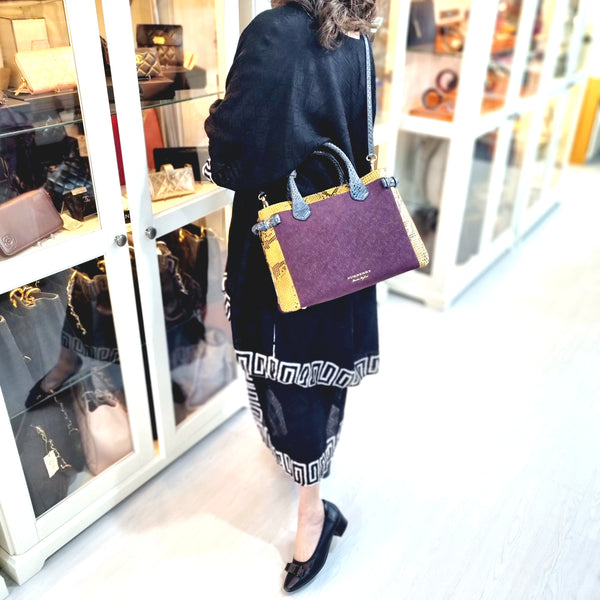 Burberry Python Grainy Leather Hse Chk Banner ElderberryTote Ghw (Mahogany/Purple/Yellow/Blue)