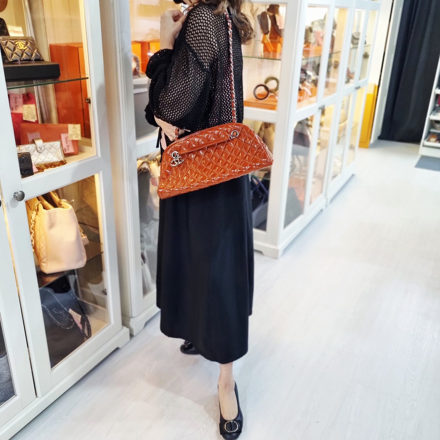 Chanel Mademoiselle Patent Leather Bowler Bag Shw (Brown)