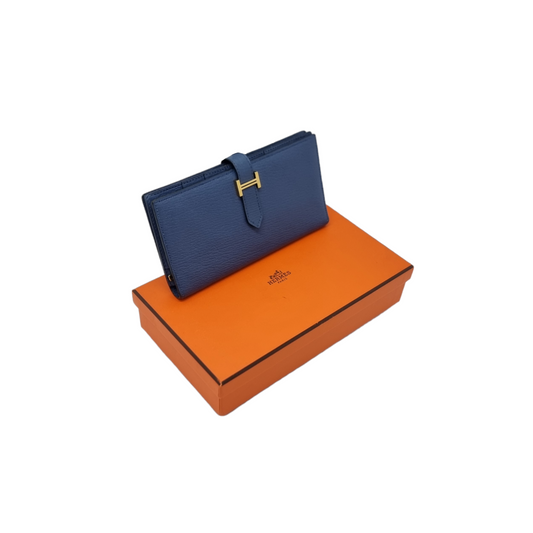 Hermes Bearn Compact Wallet Chevre Leather Ghw (Blue)