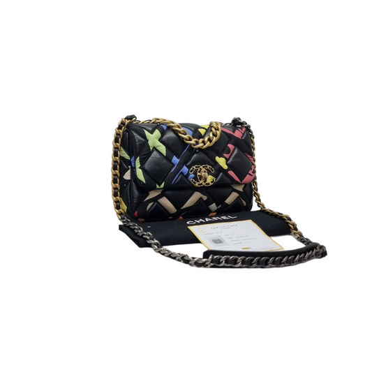 Chanel C19 Flap SS22 Limited Edition Lambskin Nylon Fabric 3 Tone Hw (Black Multicolour)