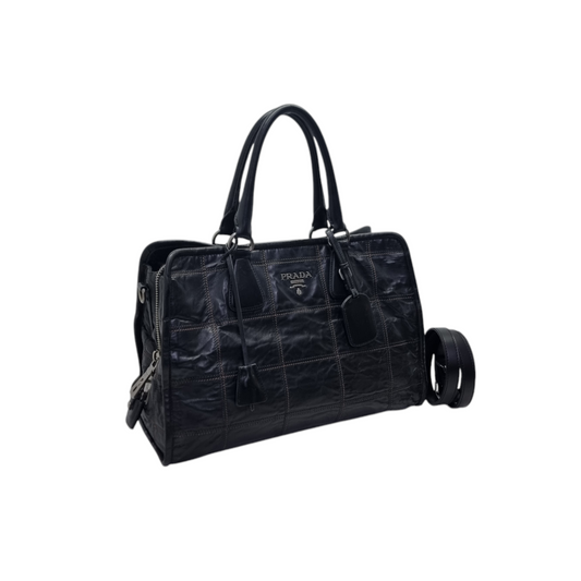 Prada BR3107 Vintage Bauletto Double Stitch Leather Tote Bag Shw (Black)