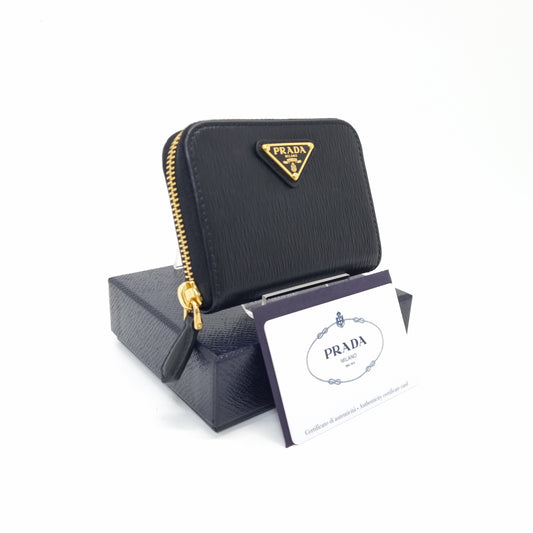 Prada 1MM268 Compact Vitello Move Zippy Wallet Ghw (Black)