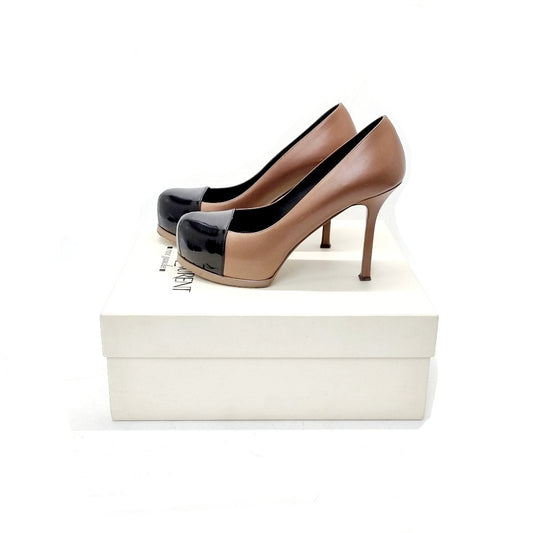 YSL Tribtoo Platform Pumps Patent Leather (Black/Brown)