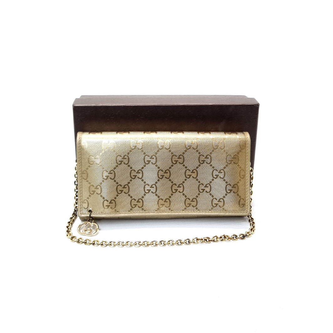 Gucci GG Imprime Canvas Wallet On Chain Ghw Metallic Gold ValiseLaBel