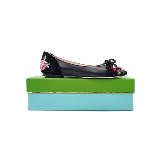 Kate Spade Wilton Embroidered Flats Kid Suede Leather Black