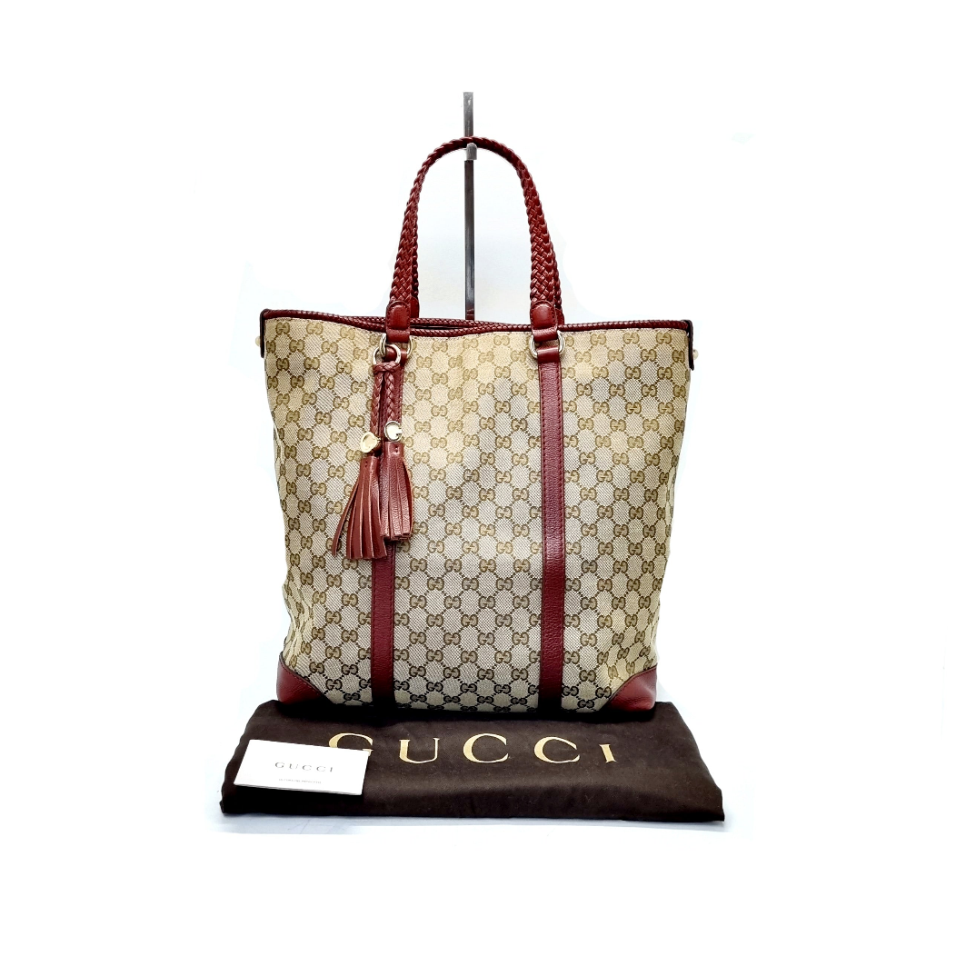 GUCCI Ophidia GG Jacquard Denim Tote Bag Italy Brown Leather Handbag LARGE  New