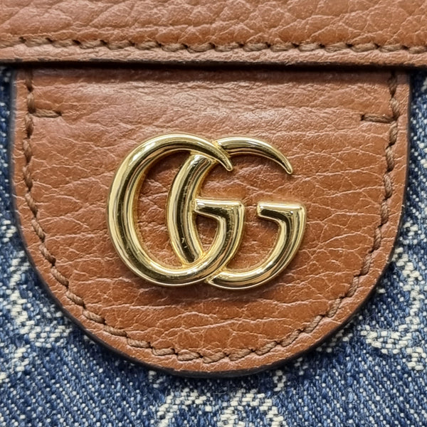 Gucci GG Ophidia Medium Jacquard Denim & Leather Shoulder Bag Ghw (Blue/Brown)