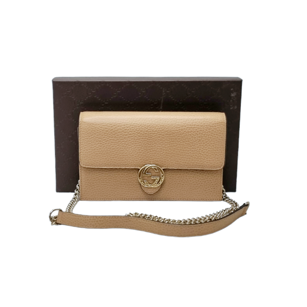 Gucci GG Interlocking Leather Wallet On Chain Ghw (Brown)