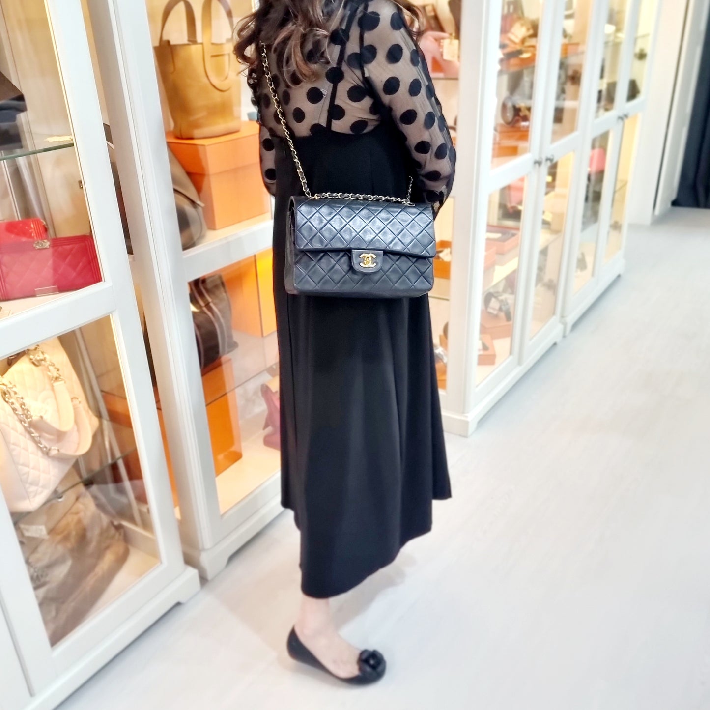 Chanel Vintage Classic Medium Double Flap Vintage Lambskin Ghw (Black)