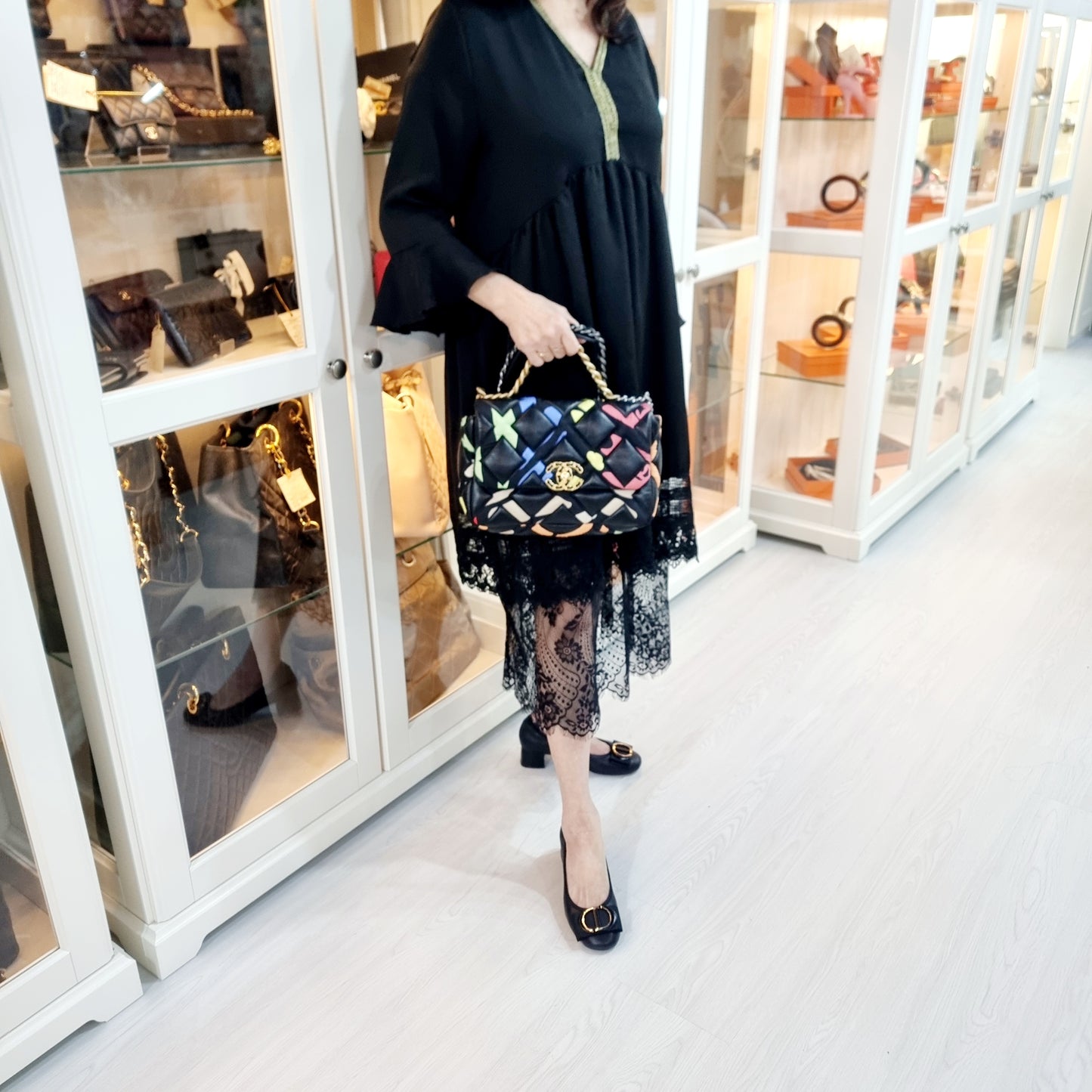 Chanel C19 Flap SS22 Limited Edition Lambskin Nylon Fabric 3 Tone Hw (Black Multicolour)