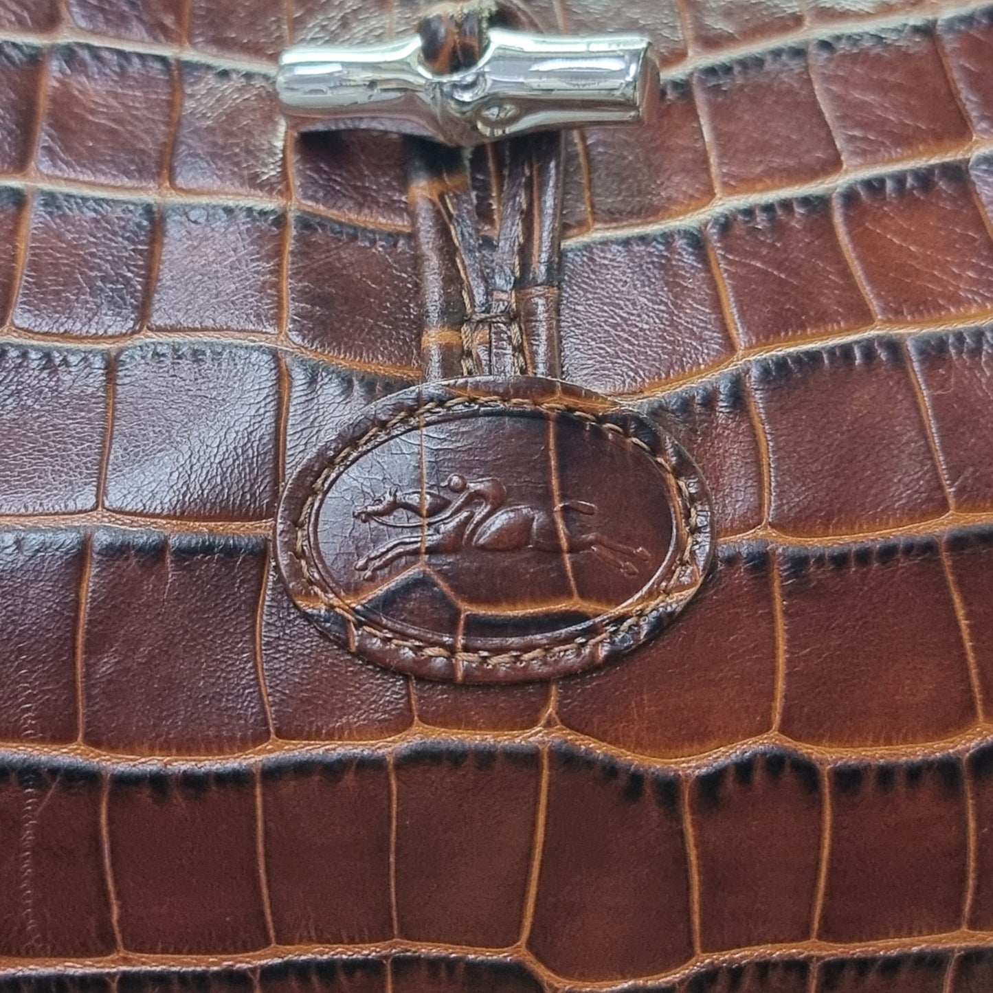 Longchamp Roseau Croc Embossed Leather Top Handle Bag Shw (Dark Brown)