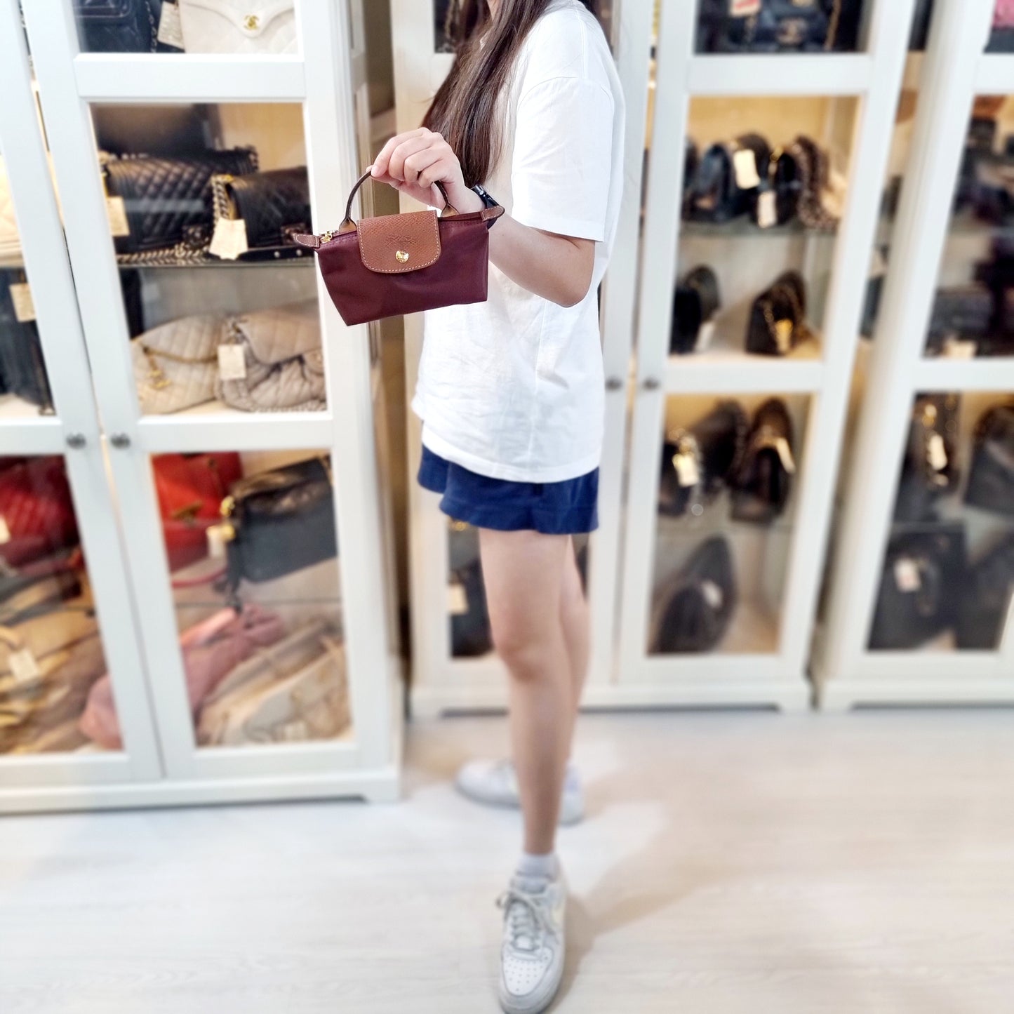 Longchamp Le Pliage Original Recycled Canvas Pouch W/Handle Ghw (Burgundy)