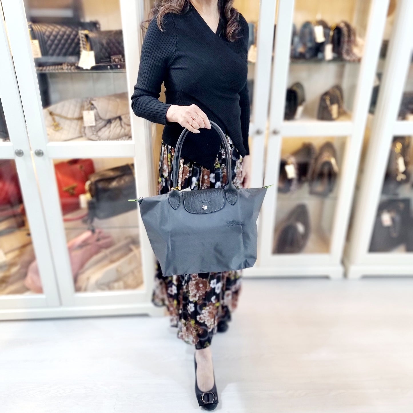 Longchamp Le Pliage Green M Tote Shw (Graphite)