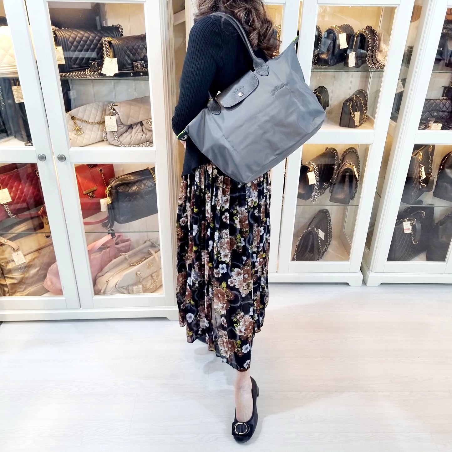 Longchamp Le Pliage Green M Tote Shw (Graphite)