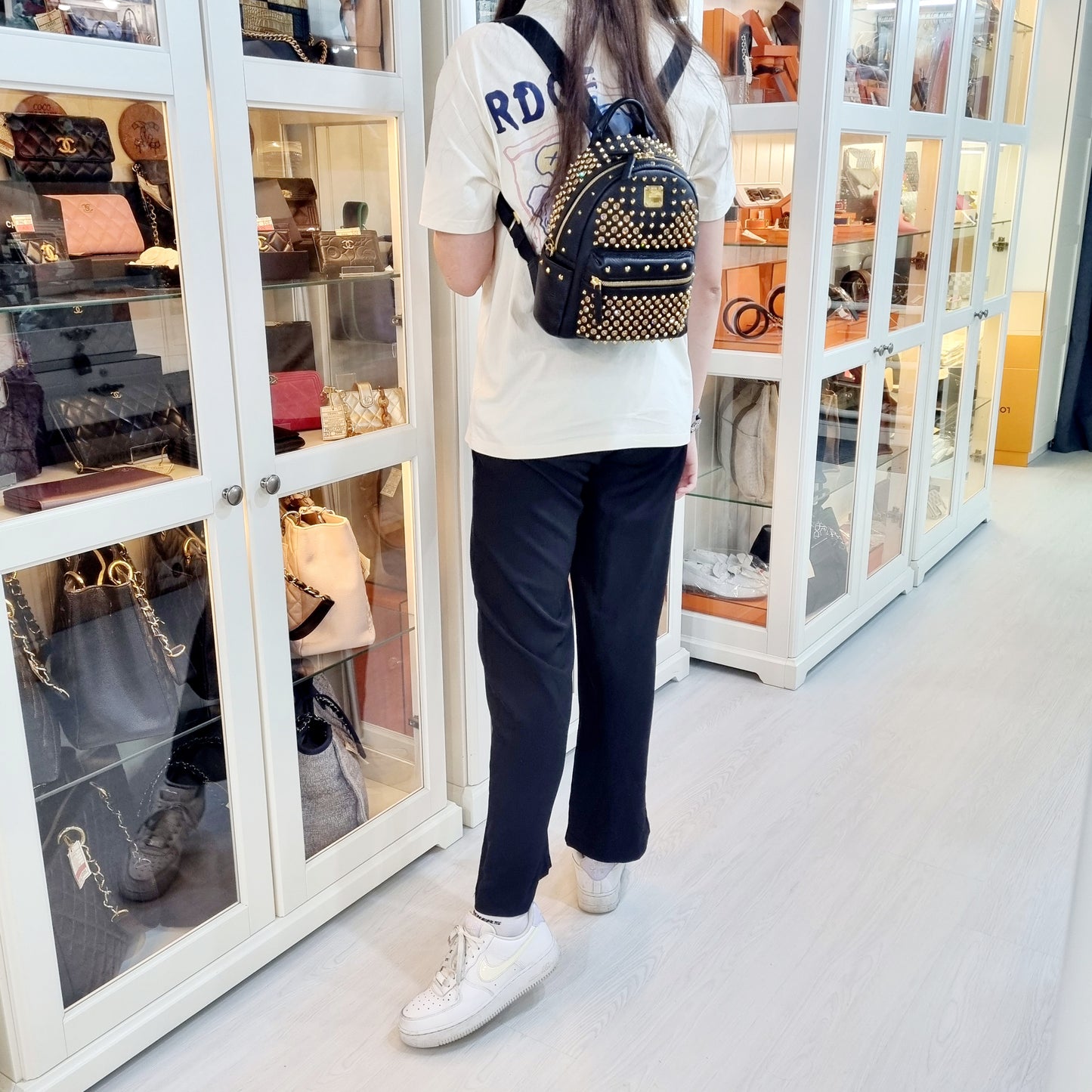 MCM Backpack Swarovski Crystal Studded Leather Ghw (Black)