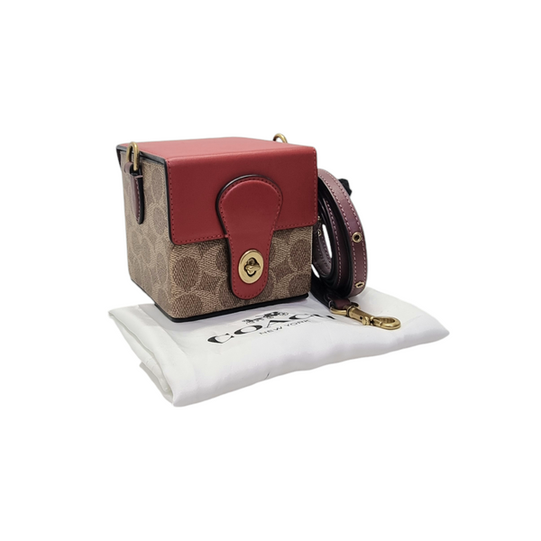 Coach Lunar New Year Square Signature Canvas Bag Ghw (Brown/Wine Red)