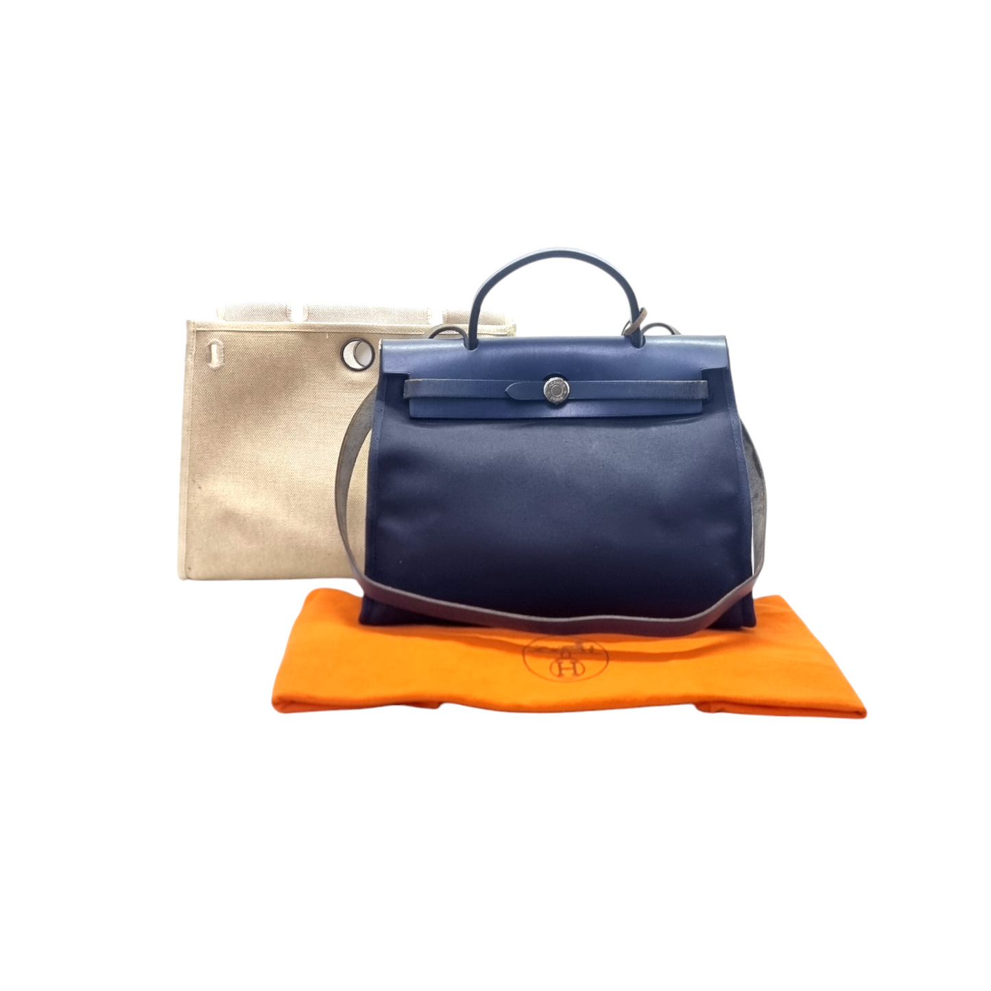 Hermes Herbag Pm 31 (2 in 1) Palladium Plated Hw (Dark Blue/Beige)