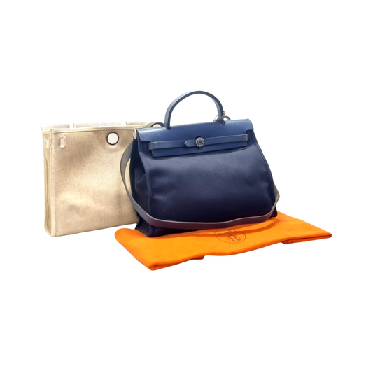 Hermes Herbag Pm 31 (2 in 1) Palladium Plated Hw (Dark Blue/Beige)